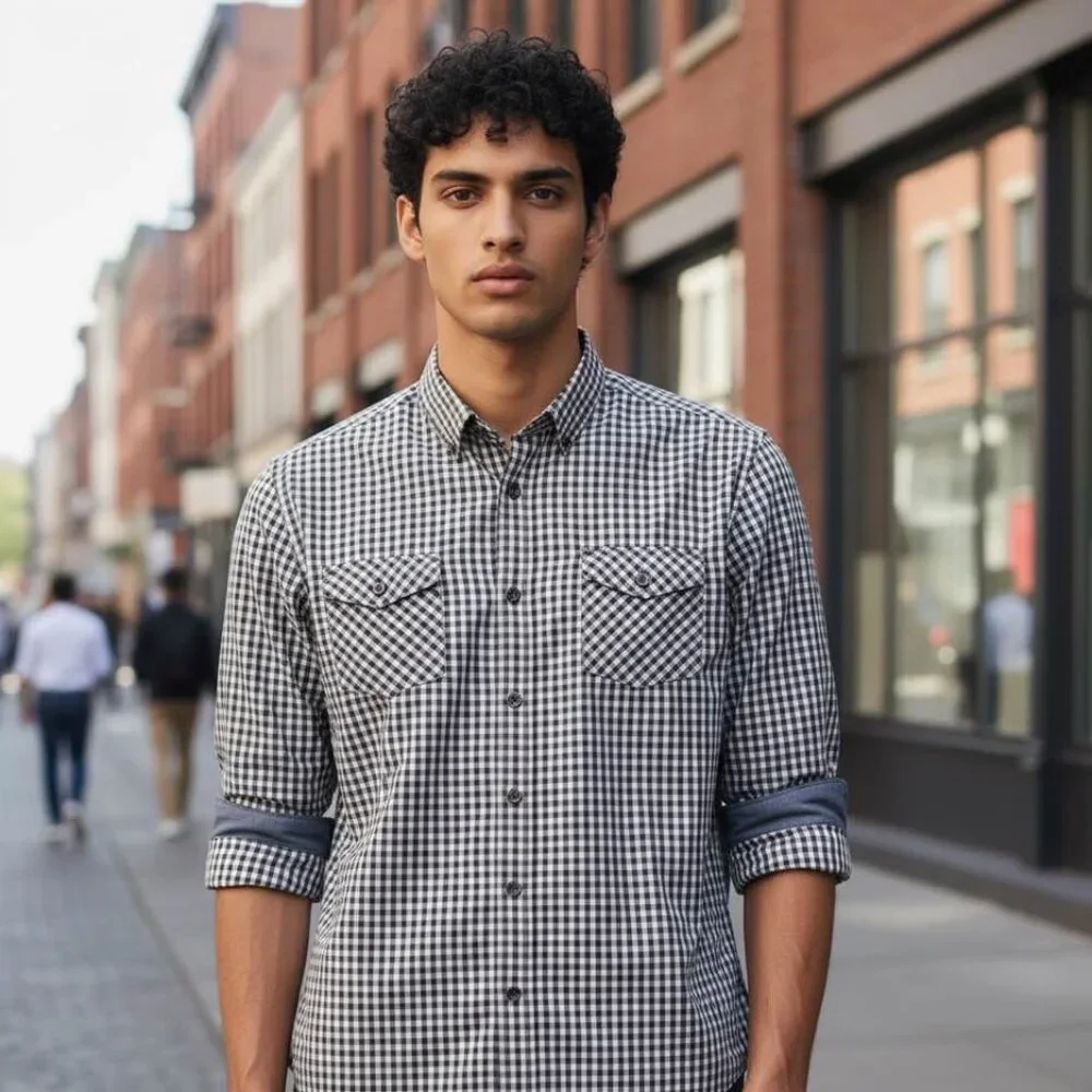 Banana Republic‎ Purple Gray Check Pearl Snap Pockets. Button Down Shirt. Large